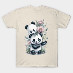 Two funny Pandas around Flowers: Scattered Watercolor in Pastel Colors T-Shirt